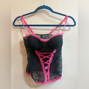 Victoria's Secret Y2K Vintage Black & Pink Sheer Lace Sexy Babydoll Camisole Top